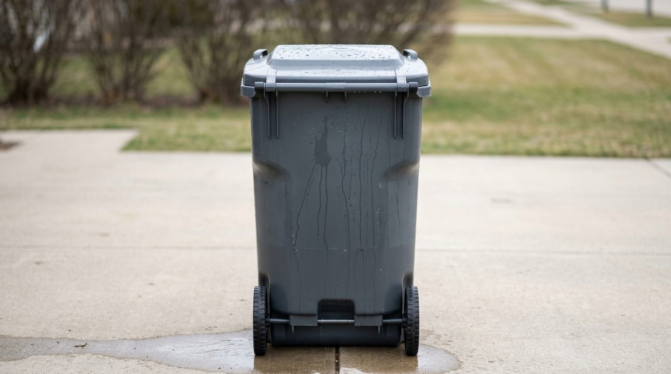 A freshly washed gray bin on a driveway, water beading on the lid and running down the front.