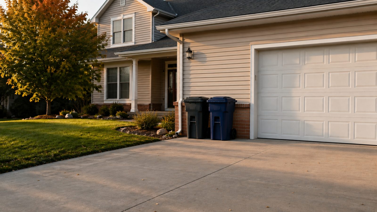 Two bins squared up beside the garage door the morning after collection day, driveway empty.