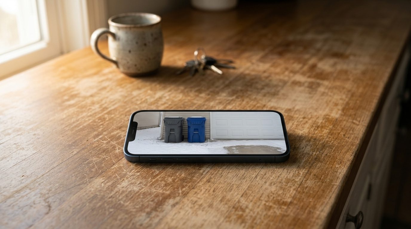 A phone on a kitchen counter showing the morning photo of two bins back beside the garage.