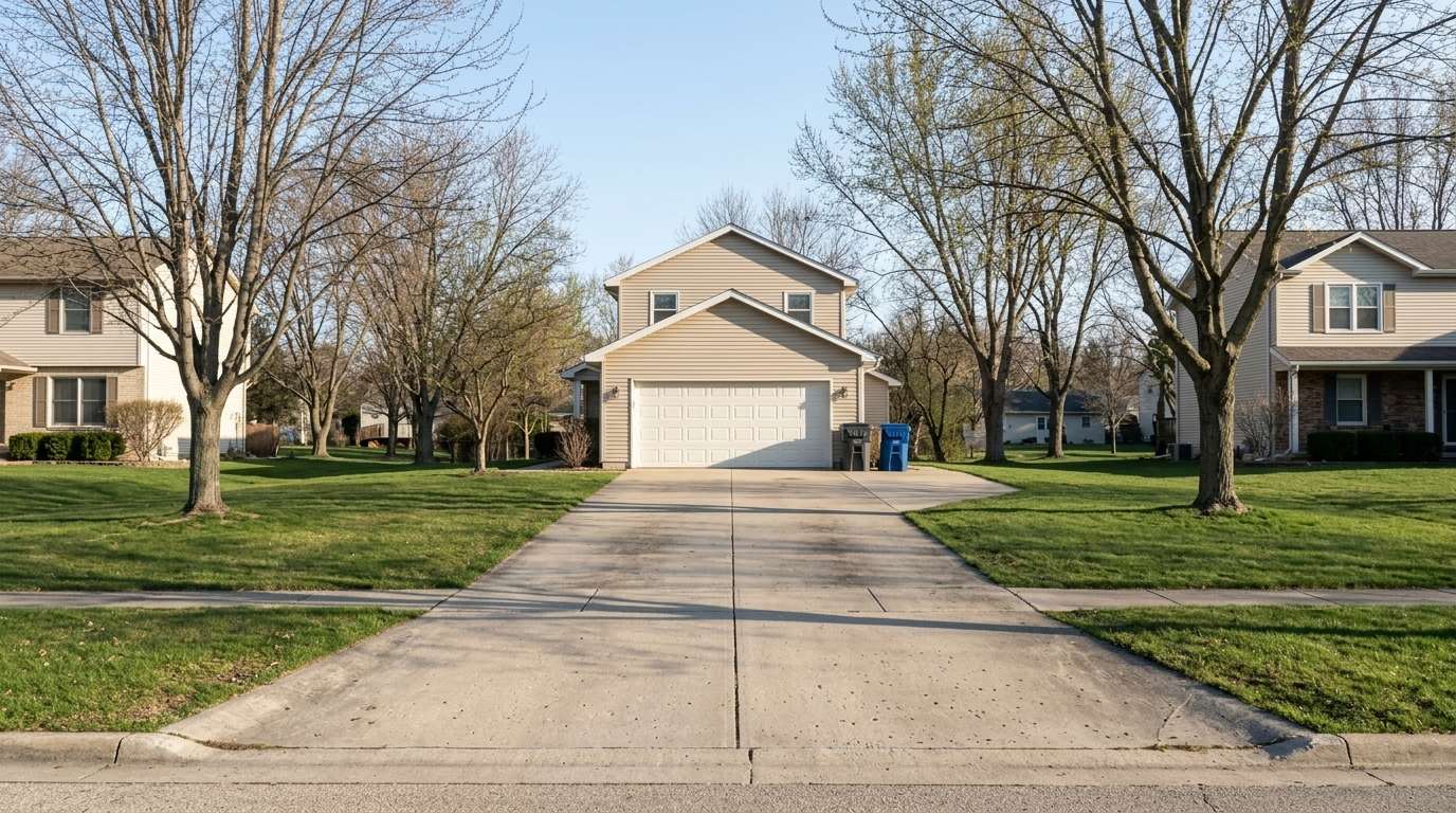 An empty driveway on a clear morning, bins already back beside the garage.