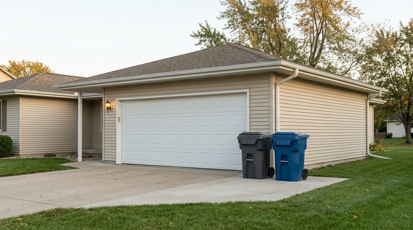 Two bins squared up beside the garage at a well-kept rental property.