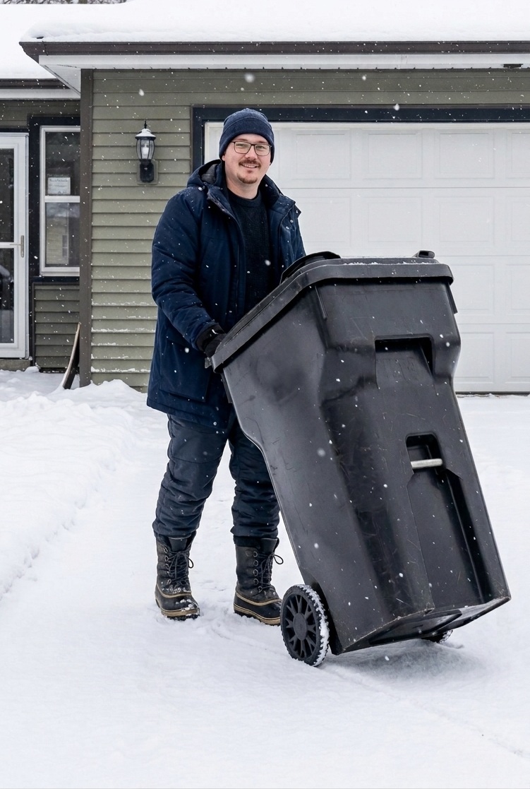 A Grand Curb crew member walking a 96-gallon bin down a snow-covered West Michigan driveway during a winter snowfall.