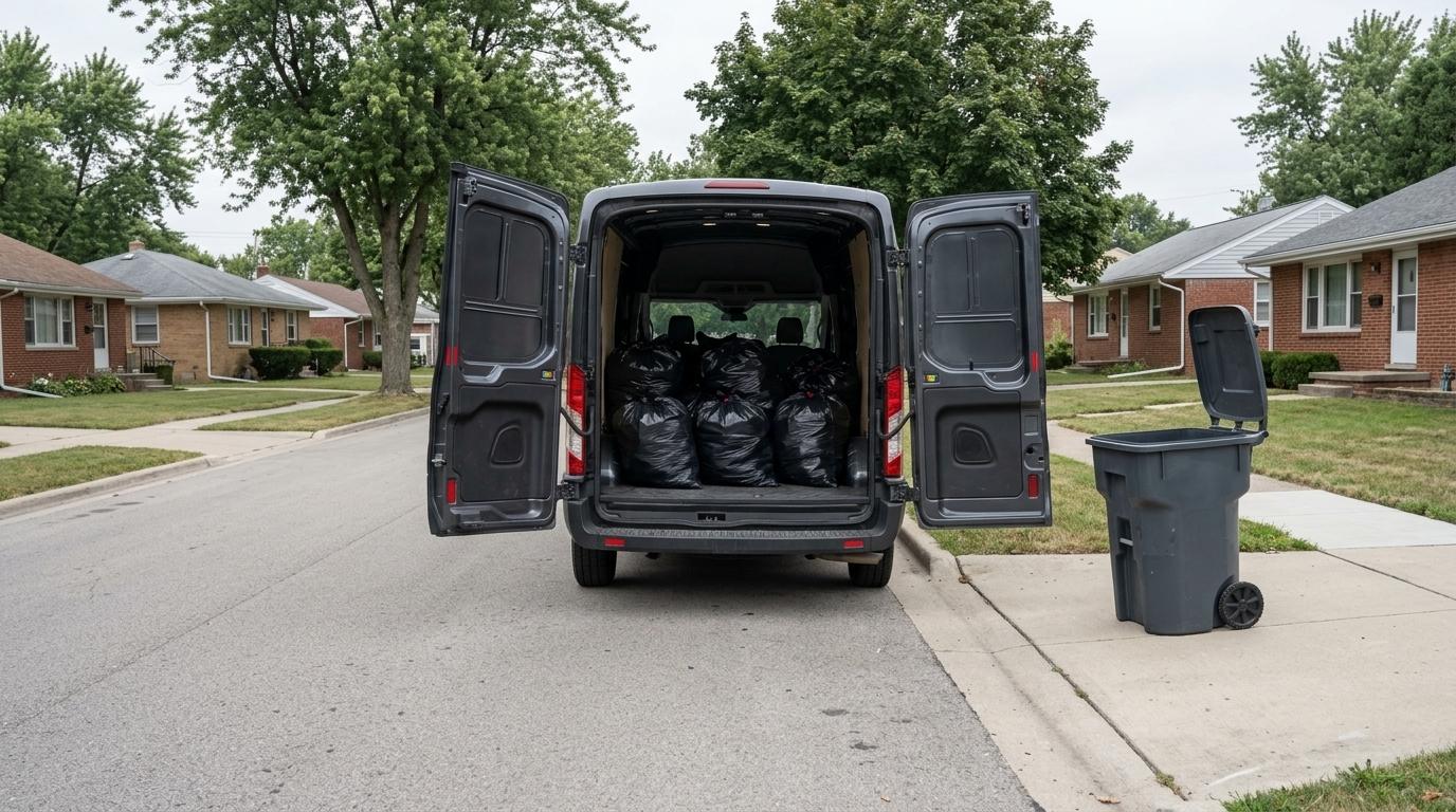 A van at the curb with its rear doors open, bagged trash loaded, and an emptied bin beside it.